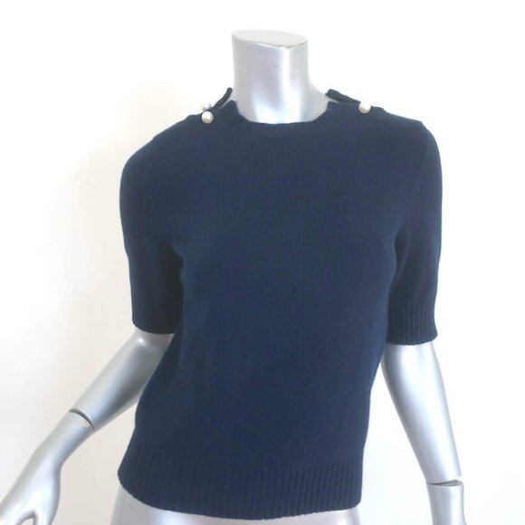 Chanel Pearl Pin-Embellished Cashmere Sweater Navy Size 36 Short Sleeve Top - Picture 1 of 9